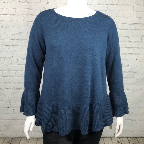 0X 1X 2X 3X Style Co Navy Ruffle Sleeve/Hem Sweater - Picture 2 of 6